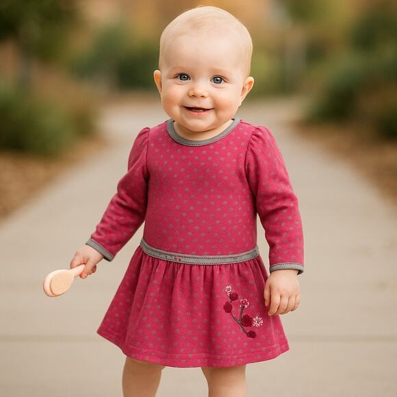 Petit Lem Girls Dress Size 18 Months Pink Tan Velour Polka Dot Drop Waist - Picture 1 of 4